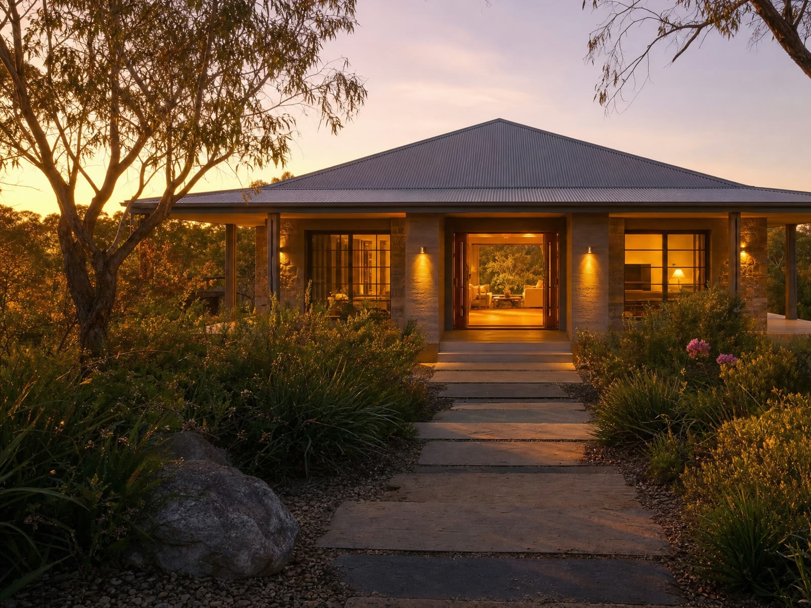 An Australian home at golden hour, its lit doorway set right of frame at the end of a garden path