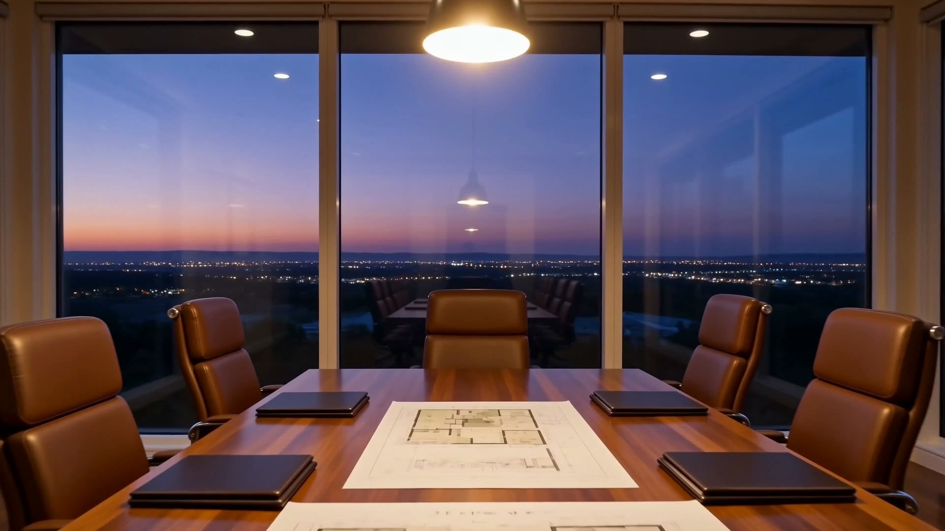 Advisers and clients talking across a boardroom table in warm light
