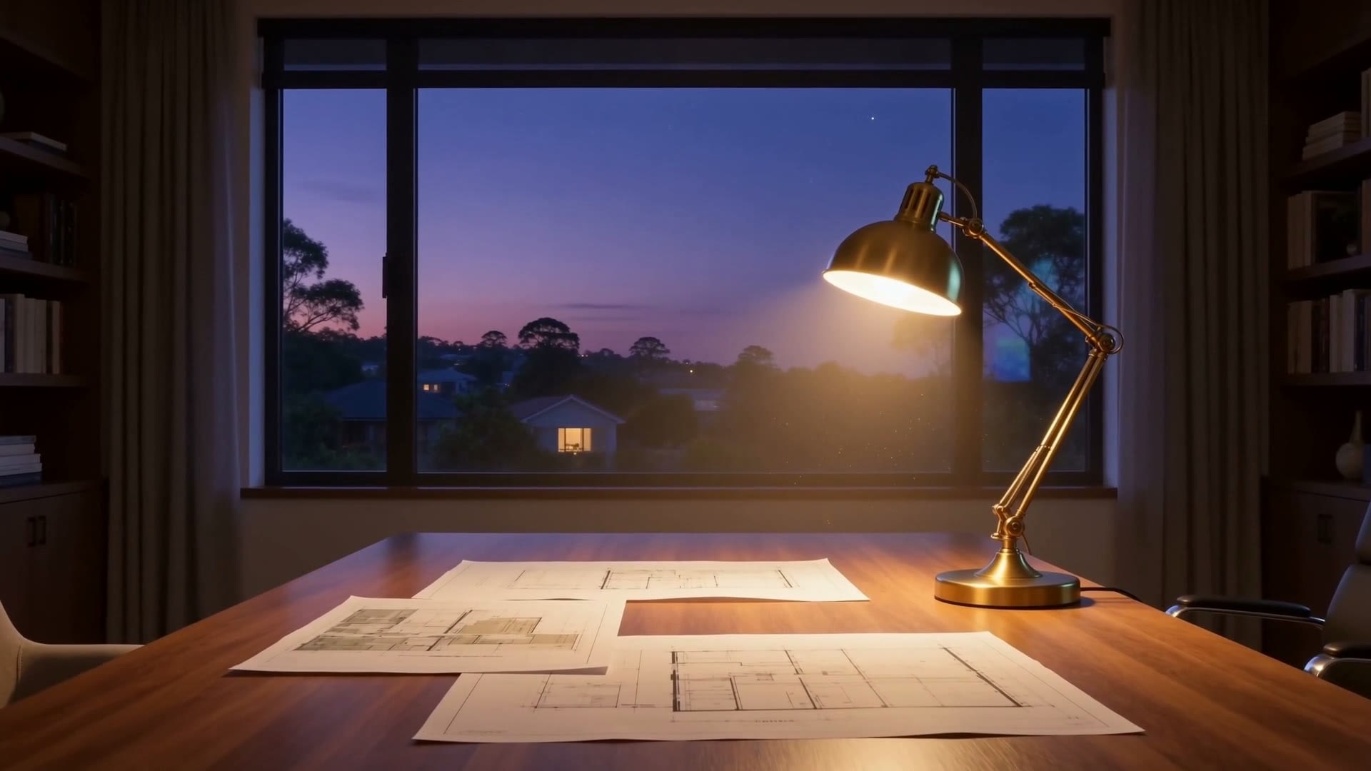 A quiet study with research and market papers spread across the desk