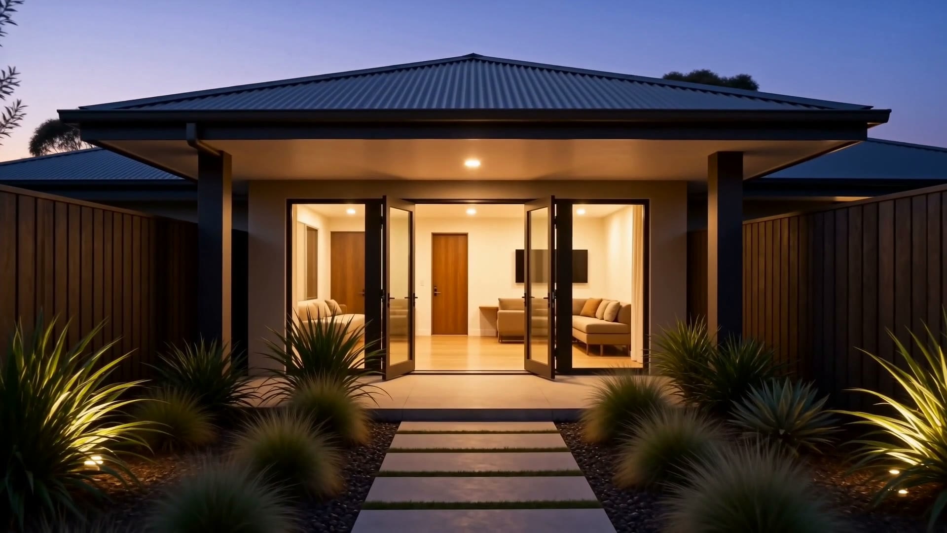 A warmly lit front doorway at dusk
